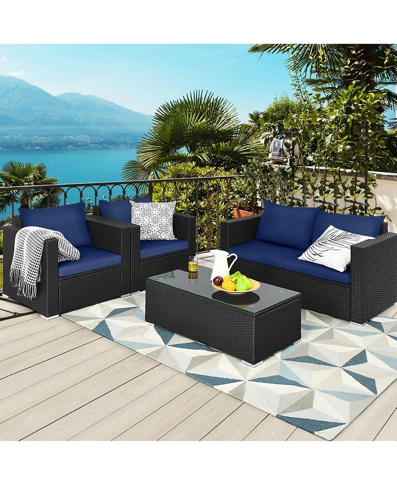 4 Pieces Patio Rattan Conversation Set with Padded Cushions