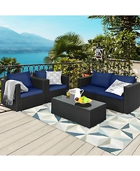 4 Pieces Patio Rattan Conversation Set with Padded Cushions