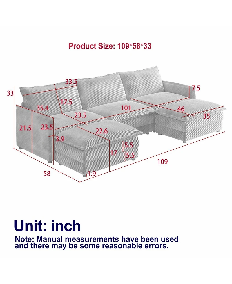 Streamdale Corduroy -Seater Cloud Couch with Footrests & Cushions