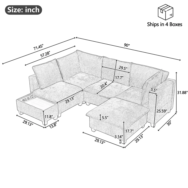 90" U-Shaped Sectional Sofa with Ottoman & Charging Coffee Table