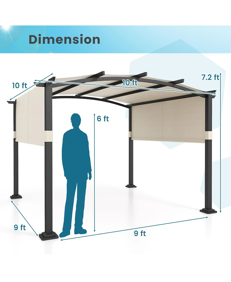10 x 10 ft Outdoor Pergola Modern Arched Patio Garden Shelter with Retractable Sunshade Canopy