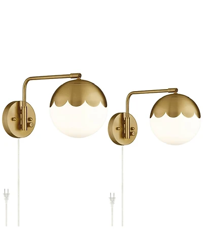 360 Lighting Kelowna Modern Swing Arm Wall Lamps Set of 2 Brass Metal Plug-in Light Fixture Globe Glass Shade for Bedroom Bedside Living Room Reading