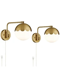 360 Lighting Kelowna Modern Swing Arm Wall Lamps Set of 2 Brass Metal Plug-in Light Fixture Globe Glass Shade for Bedroom Bedside Living Room Reading