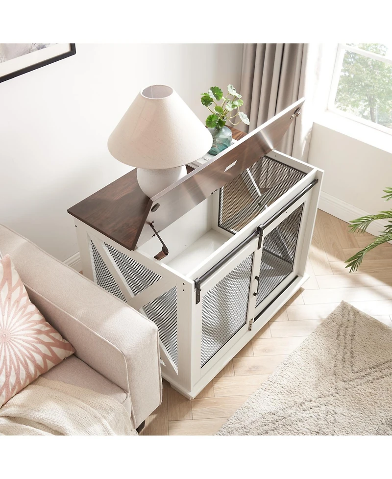 Farmhouse Dog Crate with Sliding Barn Door and Flip-Top