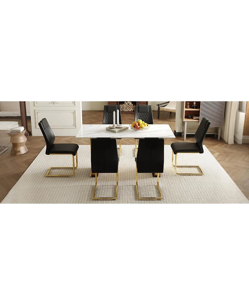 Snow Mountain White Sintered Stone Table & 6 Black Pu Chairs
