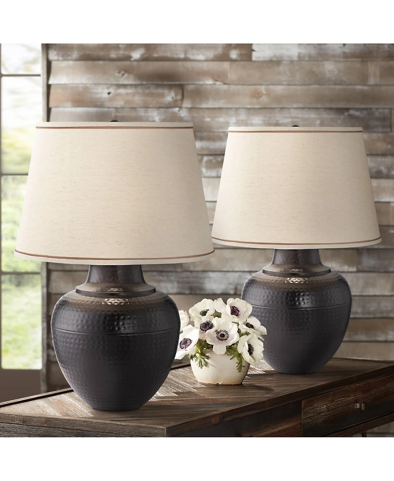 Brighton Rustic Traditional Farmhouse Table Lamps 27.25" Tall Set of 2 Hammered Bronze Metal Pot Beige Fabric Drum Shade for Living Room Bedroom