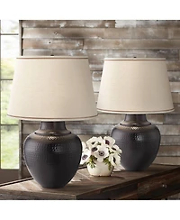 Brighton Rustic Traditional Farmhouse Table Lamps 27.25" Tall Set of 2 Hammered Bronze Metal Pot Beige Fabric Drum Shade for Living Room Bedroom