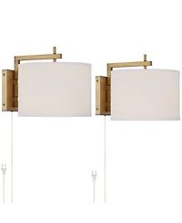 Adair Mid Century Modern Wall Lamps Set of 2 Warm Brass Gold Metal Plug-In 12" Fixture Linen Drum Shade for Bedroom Bedside House Reading Living