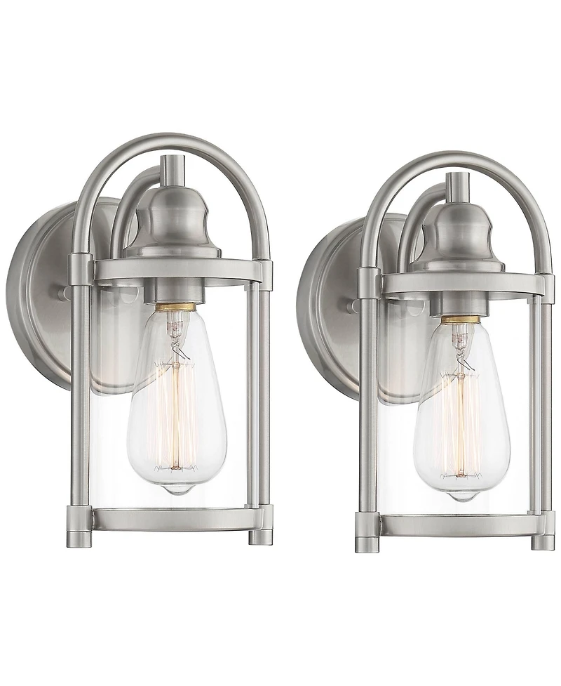 John Timberland Rustic Farmhouse Outdoor Wall Light Fixtures Set of 2 Brushed Nickel 10 1/4" Clear Glass for Exterior Barn Deck House Porch Yard
