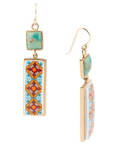 Barse Talavera Tile and Blue Turquoise Golden Dangle Earrings