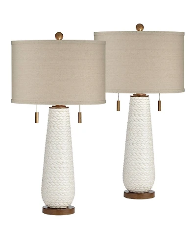 Possini Euro Design Kingston Modern Mid Century Table Lamps 32 3/4" Tall Set of 2 White Textured Ceramic Taupe Drum Shade for Bedroom Living Room