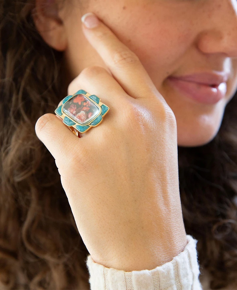 Barse Scenic Red Floral Blue Apatite Golden Statement Ring
