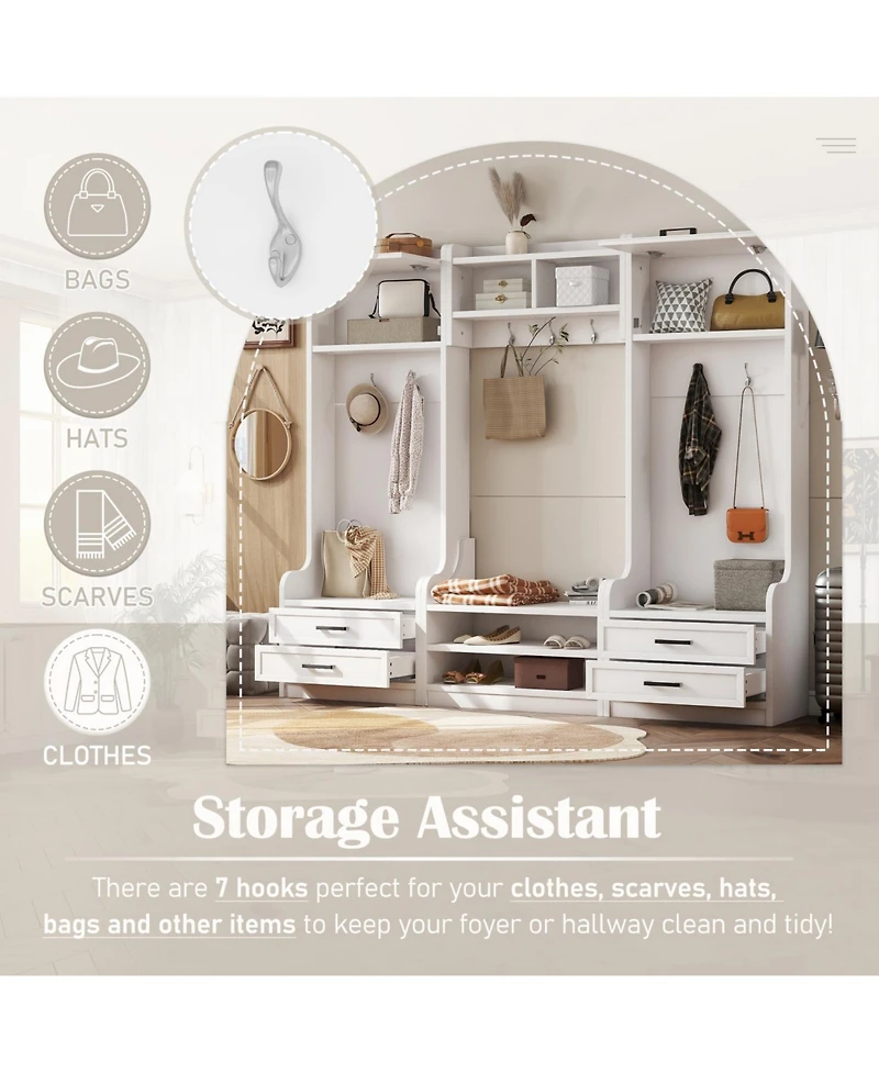 Streamdale 4-in-1 Hall Tree Coat Rack, Shoe Bench, Storage - White