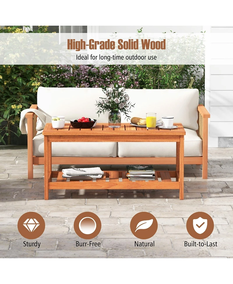 2-Tier Patio Coffee Table with Slatted Tabletop and Shelf