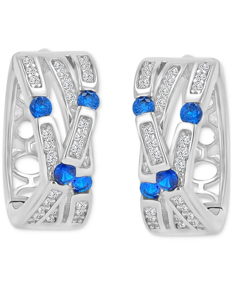 Blue Cubic Zirconia Pave Three-Row Overlapped Huggie Earrings in Sterling Silver