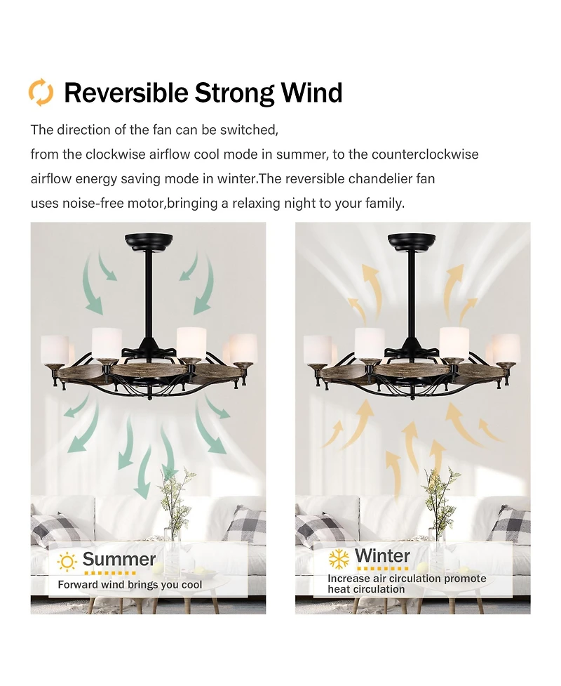 Streamdale Dia 33 inch Chandelier Ceiling Fan for Bedroom Dining Room Living Room Kitchen Farmhouse Entry,Matte Black+ Wood Grain