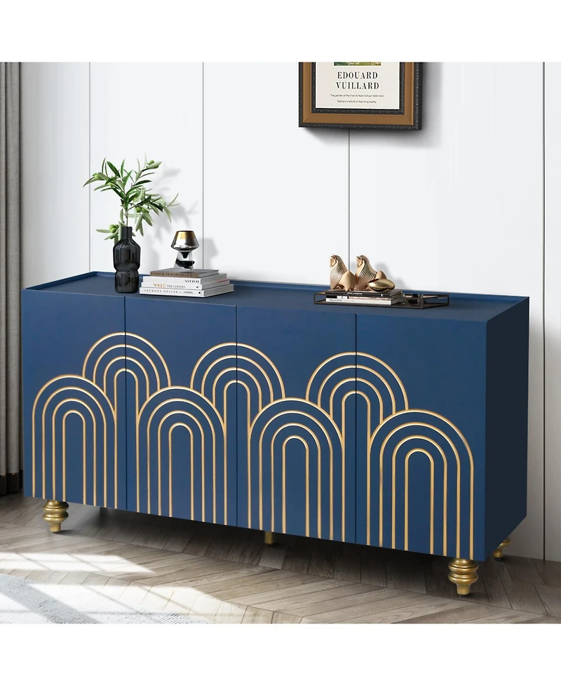 Streamdale Navy Blue Fluted Sideboard Buffet with 4 Doors
