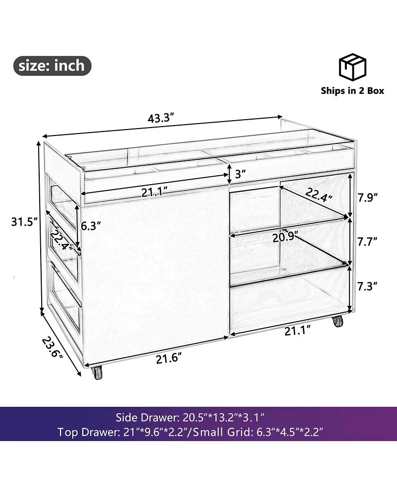 Streamdale 43" Multi-Functional Storage Island Cabinet with Drawers & Shelves