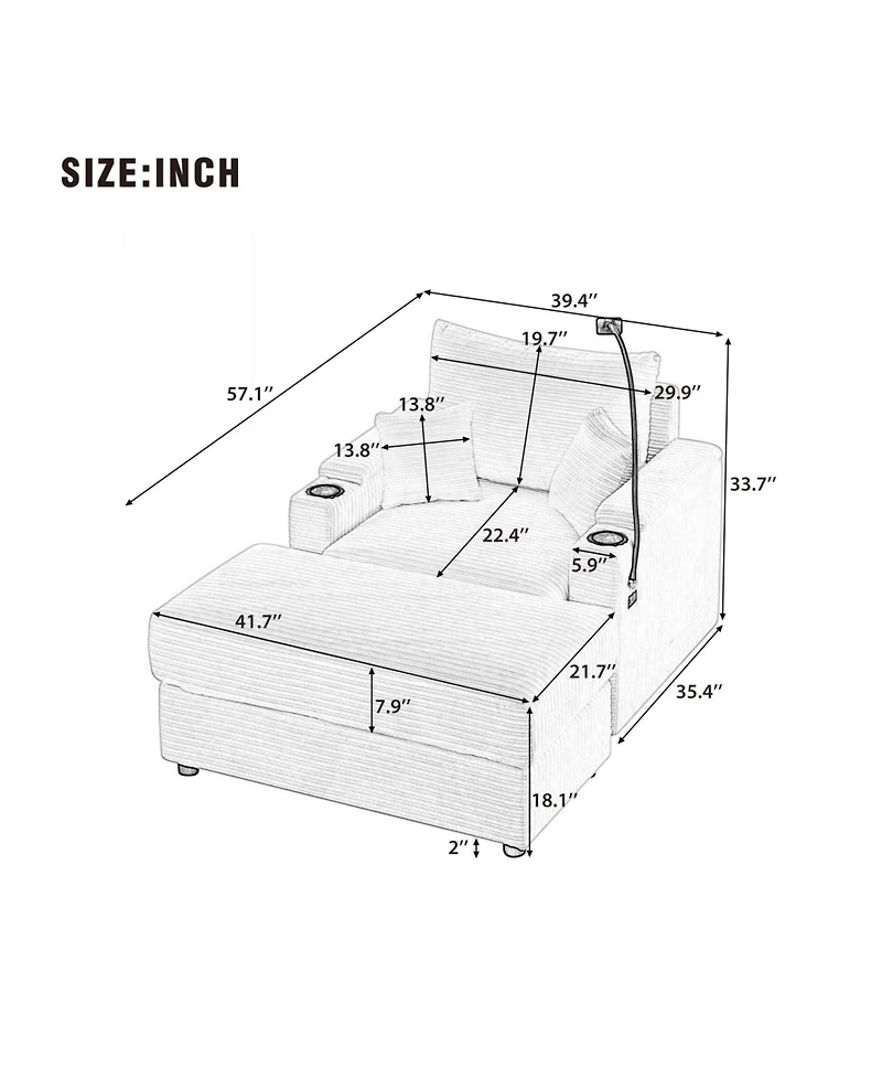 41.7" Modern Sofa Couch w/ Ottoman, Usb, Cup Holders