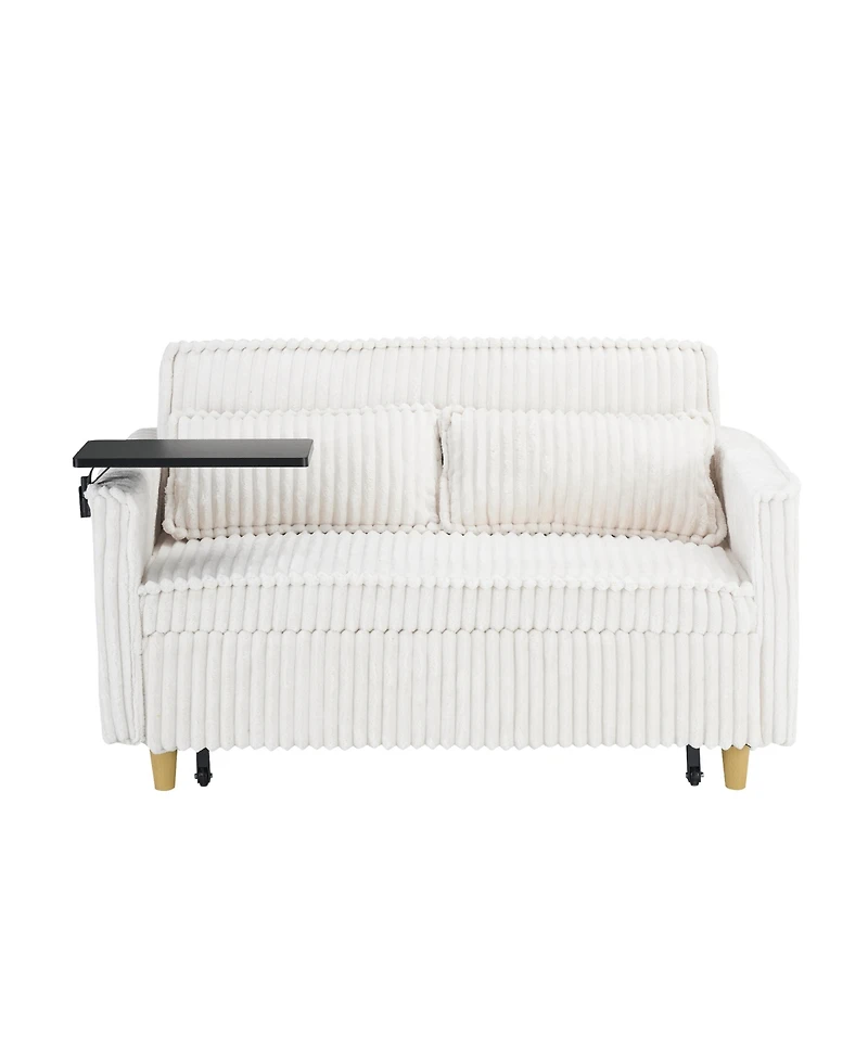 Streamdale Beige Corduroy Pull-Out Sofa with Tabletop and Usb Ports