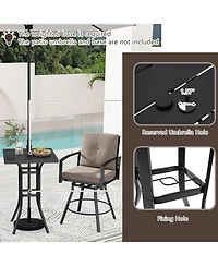 3 Pieces Patio Swivel Bar Set with Soft Cushions and Umbrella Hole