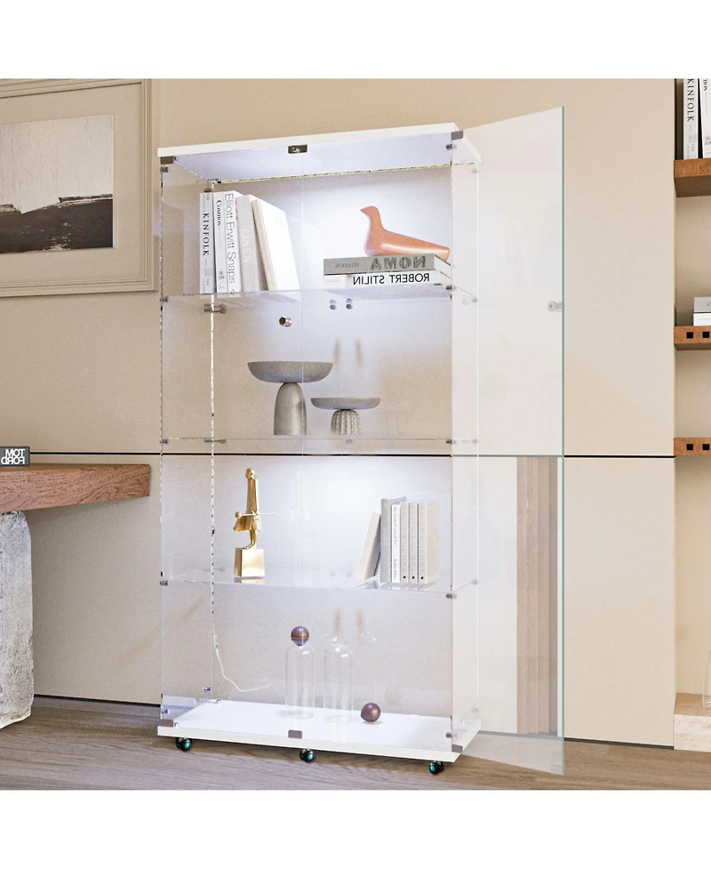Streamdale White Tempered Glass Cabinet w/ Led, Lock & Wheels
