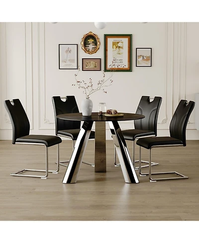 Streamdale Round Table and 4 Black Chairs with Silver Metal Legs, Sintered Stone Tabletop