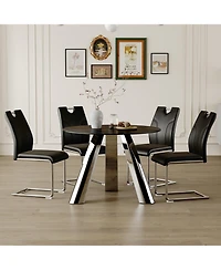 Streamdale Round Table and 4 Black Chairs with Silver Metal Legs, Sintered Stone Tabletop