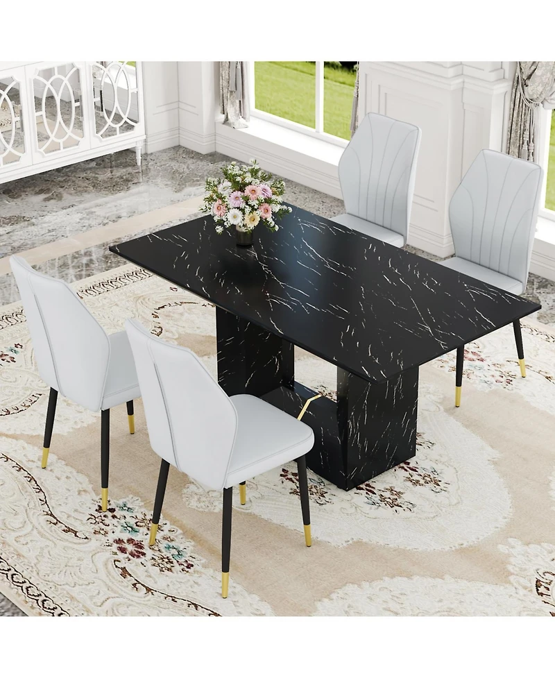 Streamdale Black Marble Mdf Dining Set with Light Gray Pu Chairs