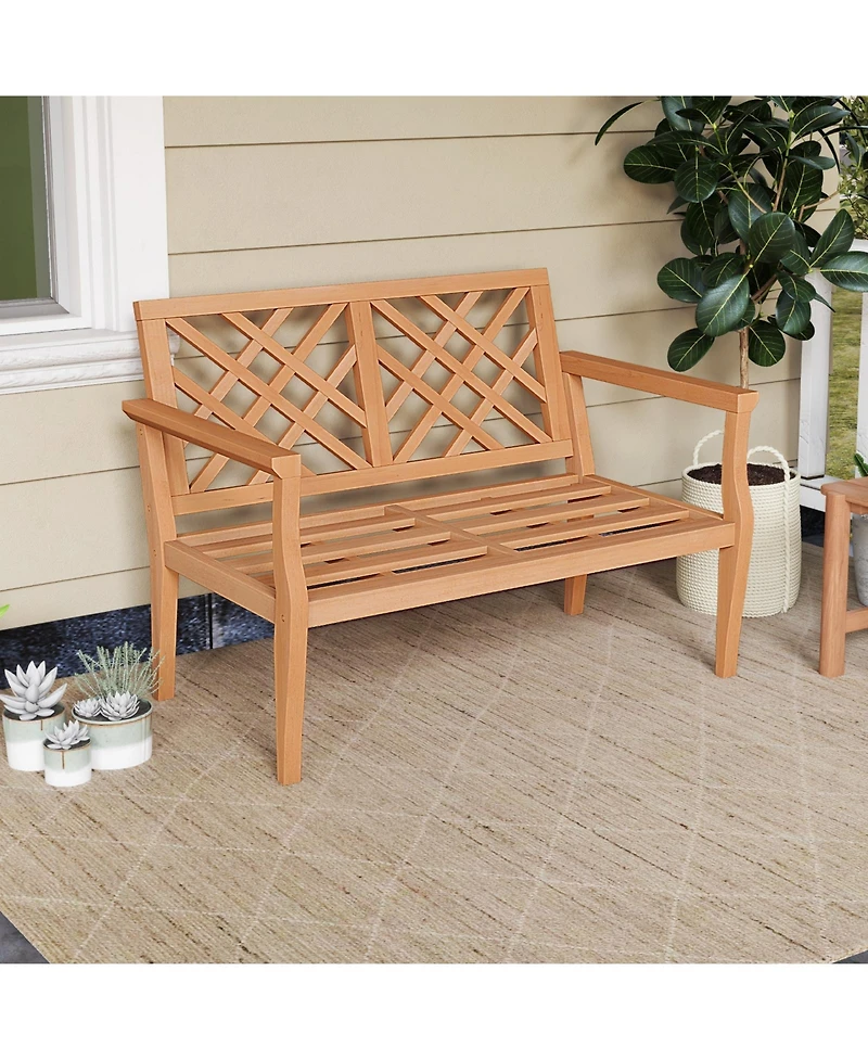 Outdoor Garden Bench 2-Person Teak Wood Bench with Comfy Armrests and Backrest