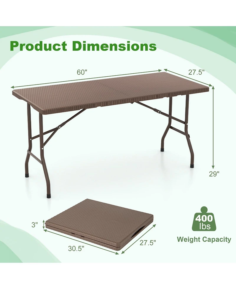 5FT Folding Picnic Table with Rattan Grain Hdpe Tabletop and Sturdy Metal Fame