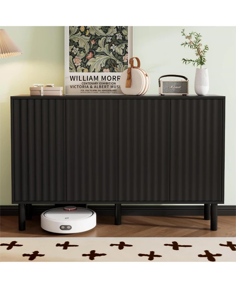 Cream Sideboard with 4 Fluted Doors and 5 Wood Legs