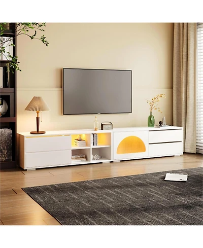 Modern Tv Stand with Fluted Glass Sliding Door, Media Console with Storage and Led Backlight (White)