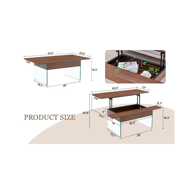 Streamdale Multifunctional Lift Top Coffee Table with Dark Wood Grain Sticker
