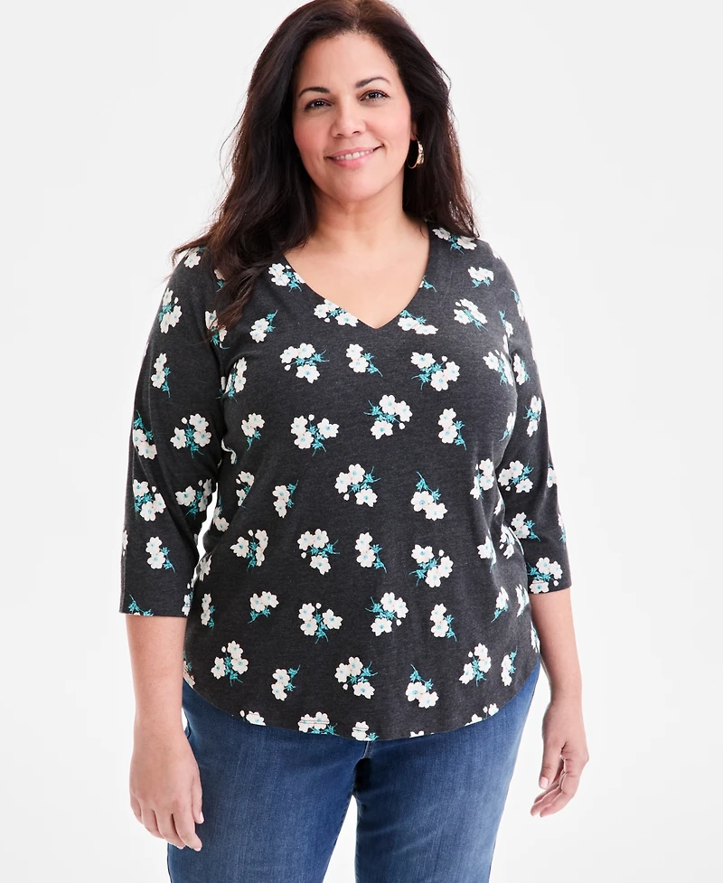Style & Co Plus Printed V-Neck 3/4-Sleeve Top