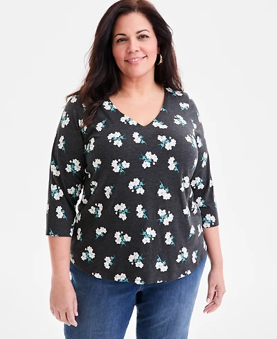 Style & Co Plus Printed V-Neck 3/4-Sleeve Top