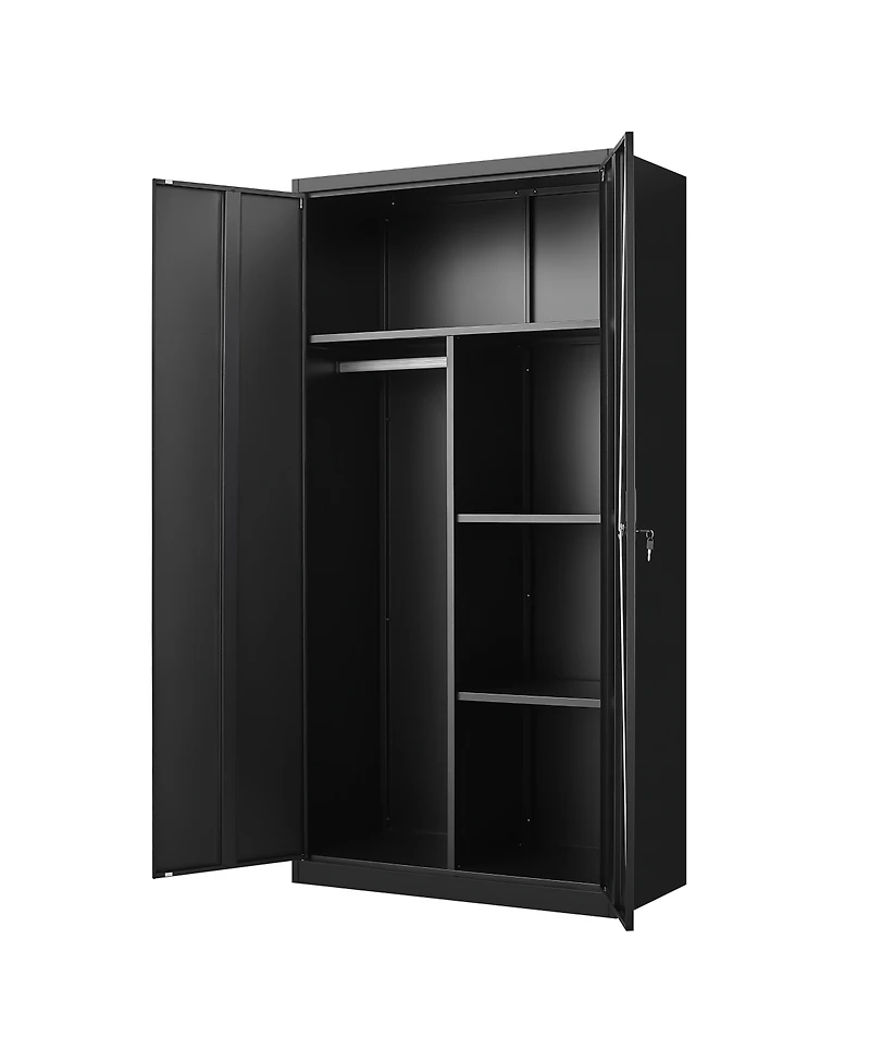 Streamdale Black Metal Wardrobe Cabinet with Lockable Doors, Adjustable Shelves, and Hanging Rod