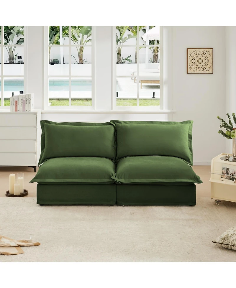 Slipcovered Armless Sofa with Convertible Design & Pillows, Green Chenille Fabric