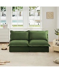 Slipcovered Armless Sofa with Convertible Design & Pillows, Green Chenille Fabric