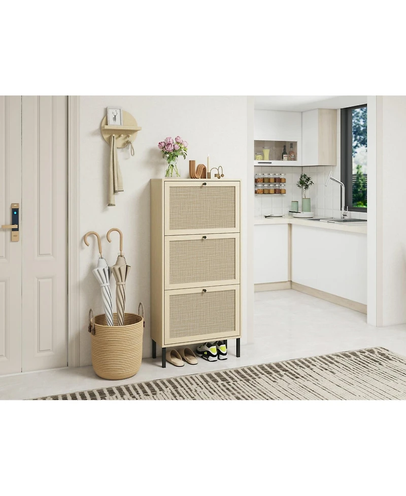 Streamdale Rattan 3 Door Shoe Rack, Freestanding Modern Shoe Storage Cabinet, for Entryway