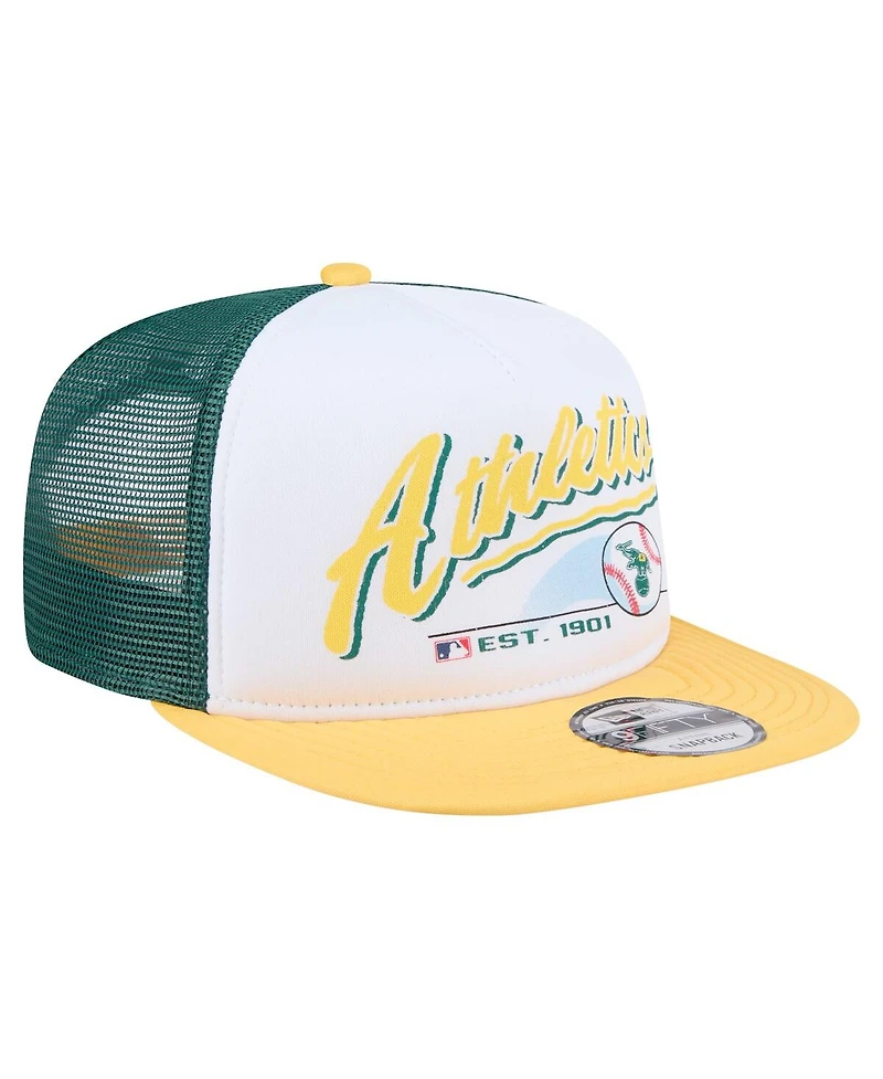 New Era Men's White/Gold Athletics Retro Script Trucker 9FIFTY Snapback Hat