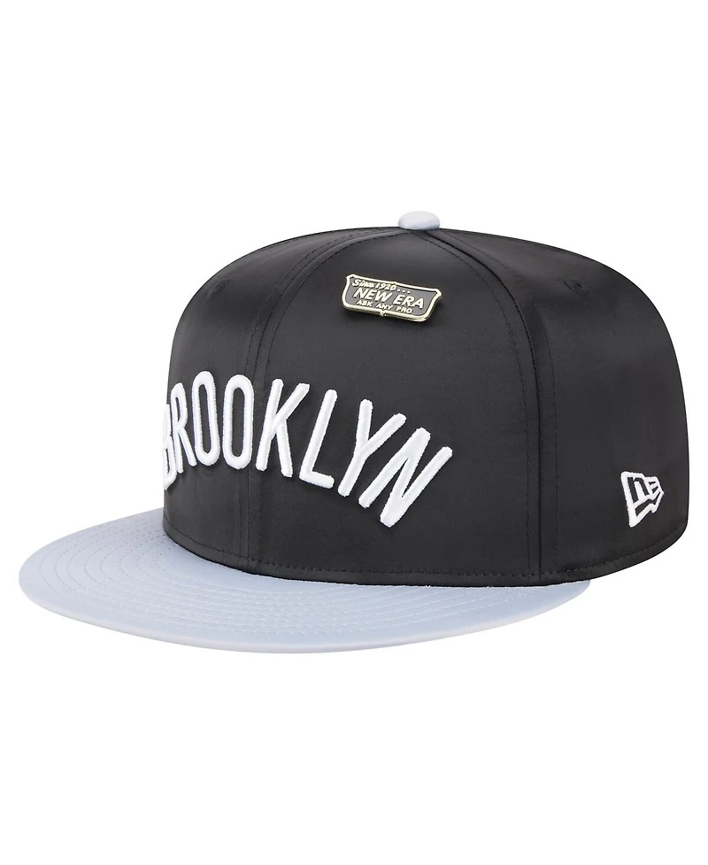 New Era Men's Black/Gray Brooklyn Nets Throwback Satin Vintage Pin Two-Tone 59FIFTY Fitted Hat