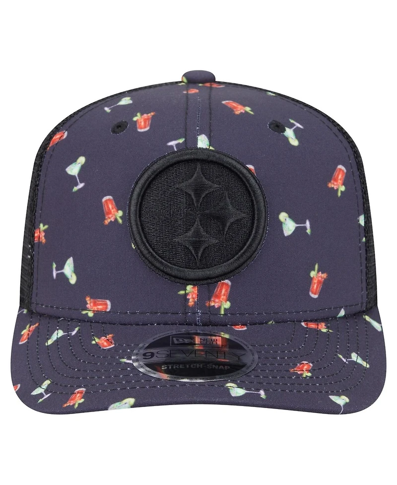 New Era Men's Navy/Black Pittsburgh Steelers Adventure Drinks Pattern 9SEVENTY Stretch Snap Hat
