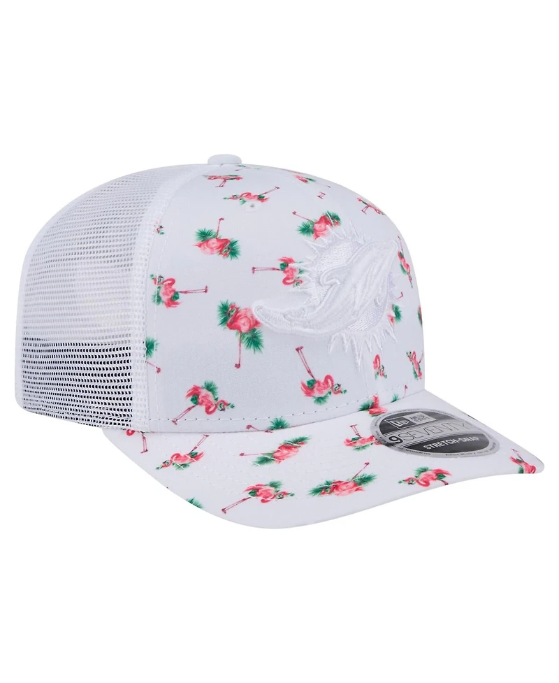 New Era Men's White Miami Dolphins Adventure Flamingo Pattern 9SEVENTY Stretch Snap Hat