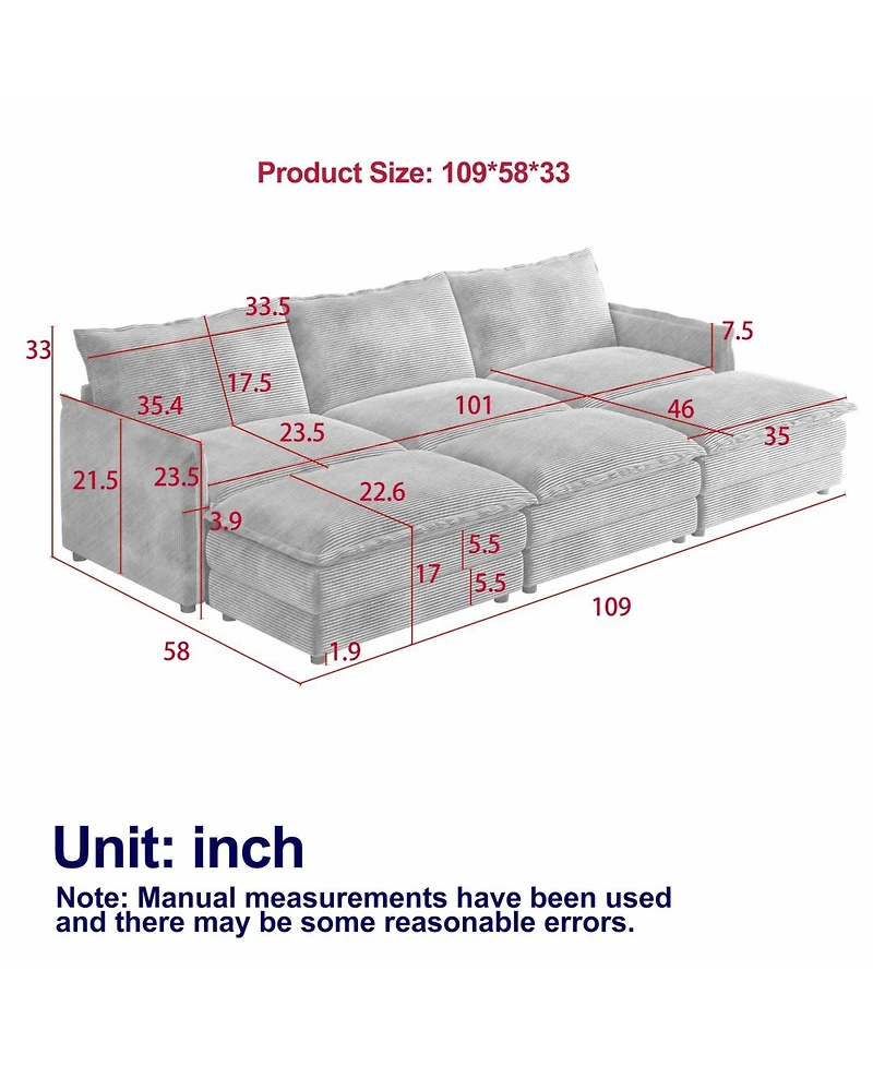 Streamdale Corduroy Cloud Sofa with Footrests & Cushions