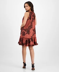 Robbie Bee Women's Printed Ruffle-Neck Sleeveless Mini Dress