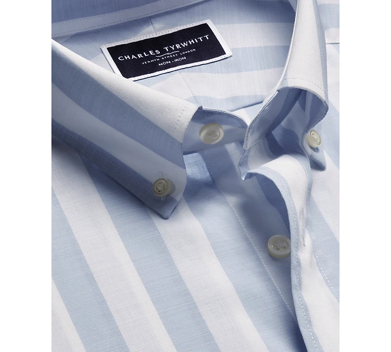 Charles Tyrwhitt Men's Slim Fit Short Sleeve Wrinkle-Resistant Striped Button-Down Shirt