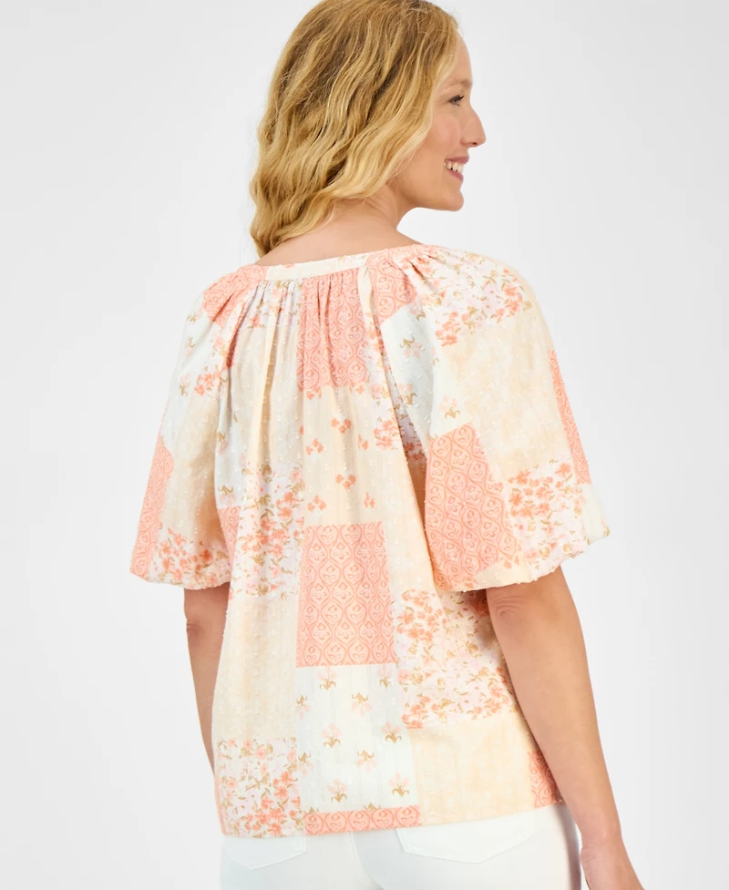 Style & Co Women's Printed Bubble-Sleeve V-Neck Blouse, Exclusively at Macy's