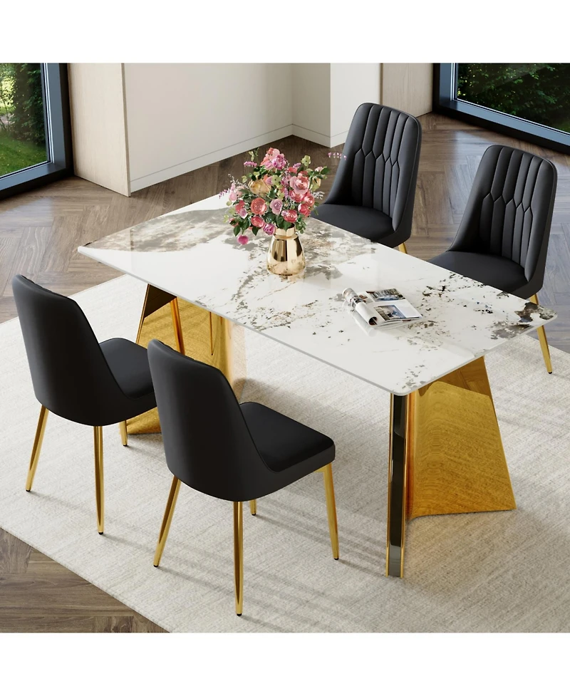 Streamdale Luxurious 63" Pandora Dining Set Sintered Stone Table, 4 Pu Chairs