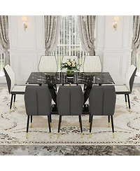 Streamdale Marble Glass Dining Set with 8 White and Gray Chairs